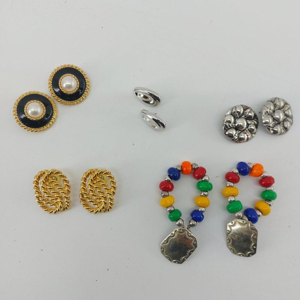 Vintage Earrings Set of 5 Pierced and clip on 1980's Rope Beaded Multicolored
